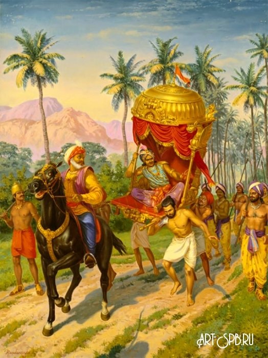 Джада Бхарата несет паланкин с царем Рагхуганой